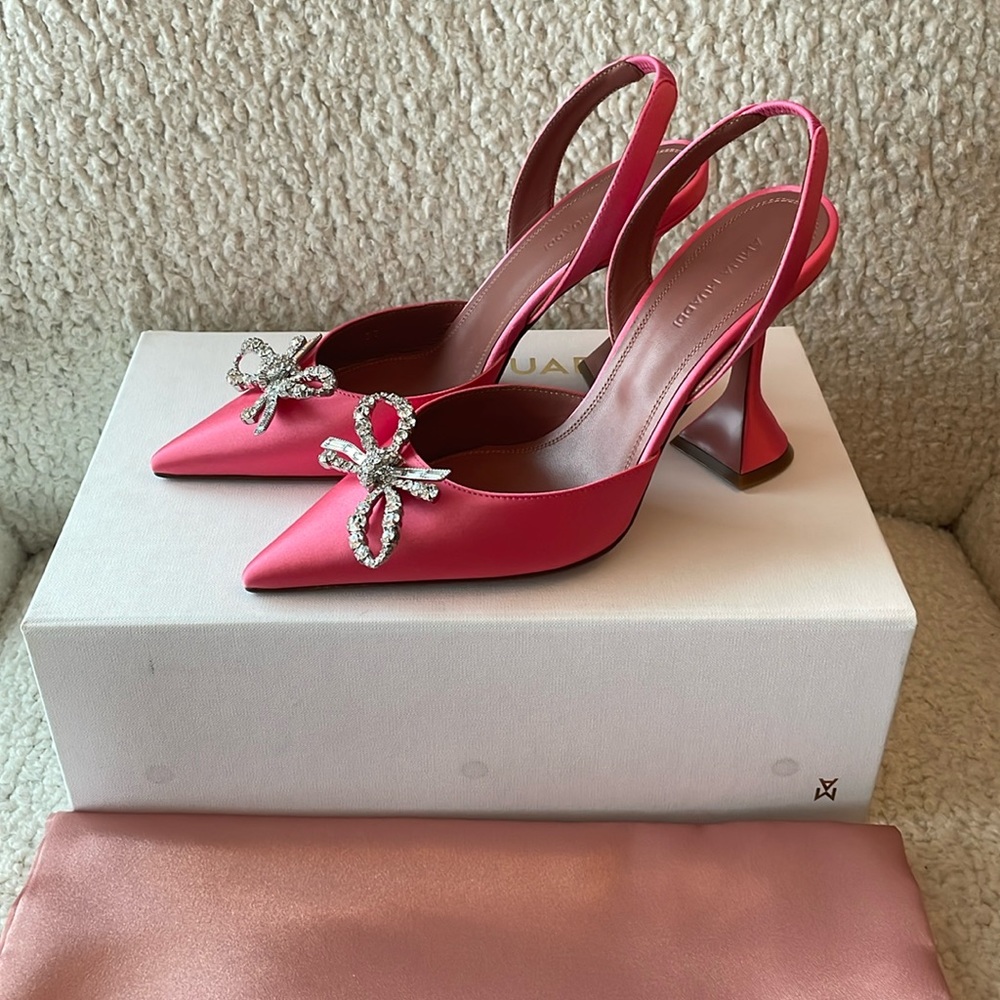 Amina Muaddi Rosie Crystal Bow Satin Slingback Heels Bubble Pink EU 37 NIB